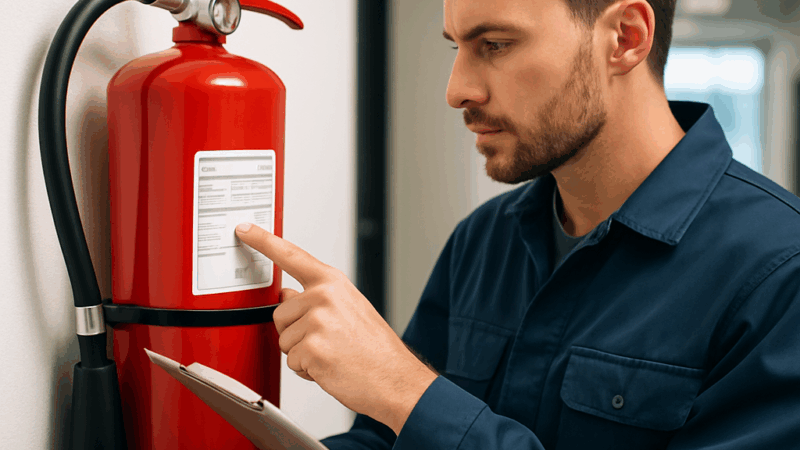 Técnico revisando la etiqueta de un extintor de incendios con checklist durante mantenimiento, MCI Protección