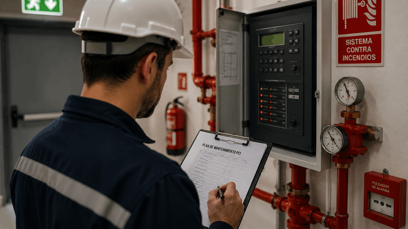 Técnico revisando un plan de mantenimiento de protección contra incendios junto a una central PCI