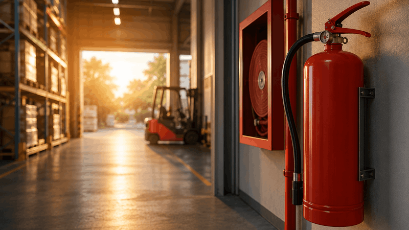 Extintor y sistema contra incendios en nave industrial durante el verano