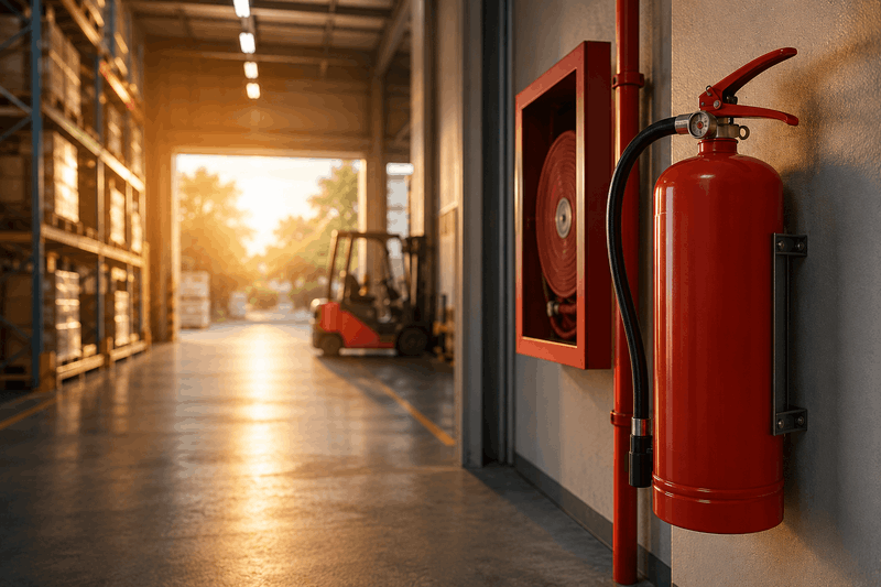 Extintor y sistema contra incendios en nave industrial durante el verano
