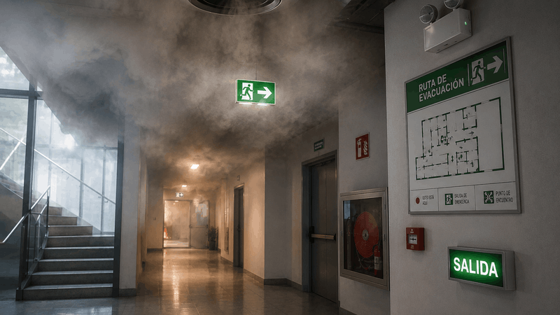 Pasillo de edificio con humo, señalización de evacuación y sistema de extracción durante un incendio